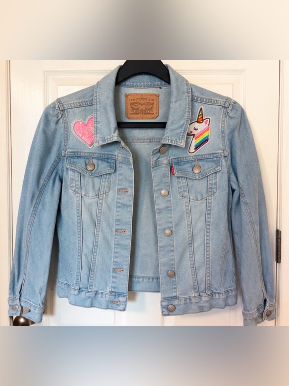 Girls Levi's Light Blue Denim Jacket with Unicorn & Heart Patches